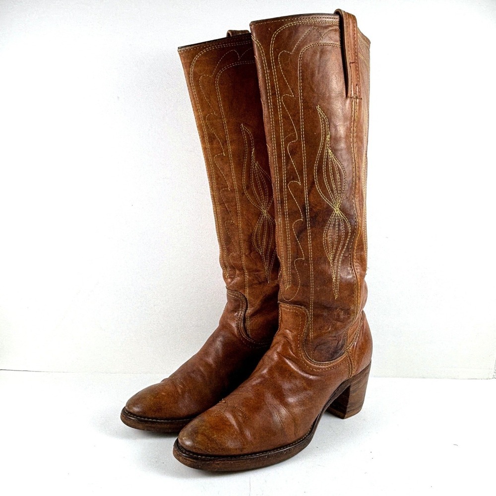 vtg FRYE Black Label Brown Leather Campus Boots Western Tall Block Heel Womens 8 - Picture 2 of 9